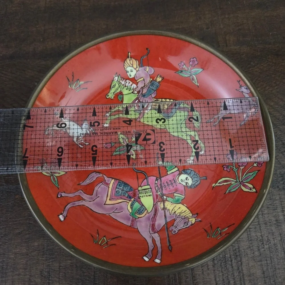 Vintage Hong Kong Porcelain shallow bowl plate Red Hunting Scene 7.25in